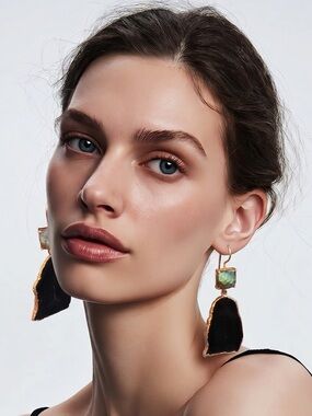 Labradorite and Black Agate Slice gold plated one of a kind wire back Earrings